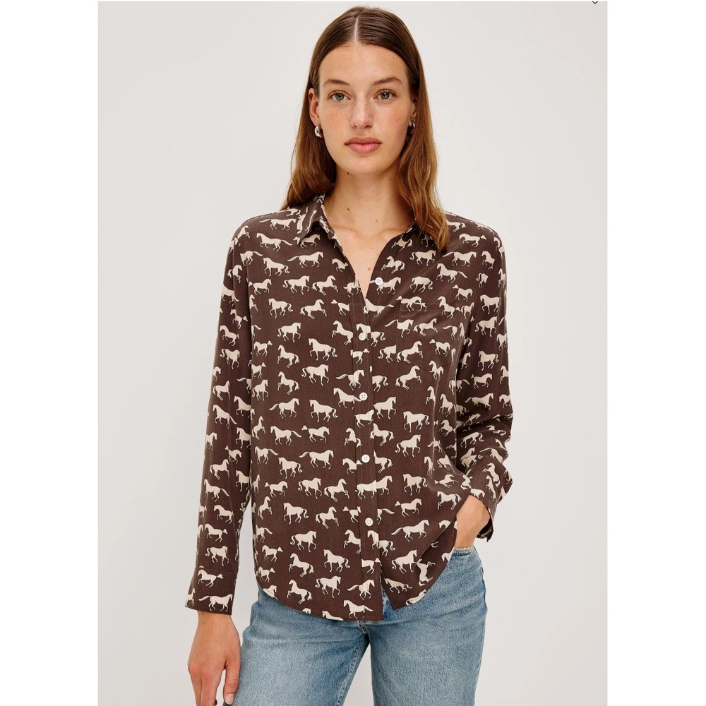 Rails Brown Kate Shirt Ivory Horses Silk Button Down Blouse Equestrian Small